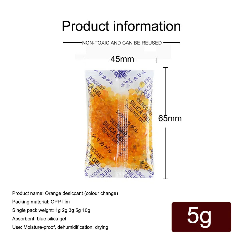 Orange desiccant silica gel moisture absorber sachets packaged in OPP film