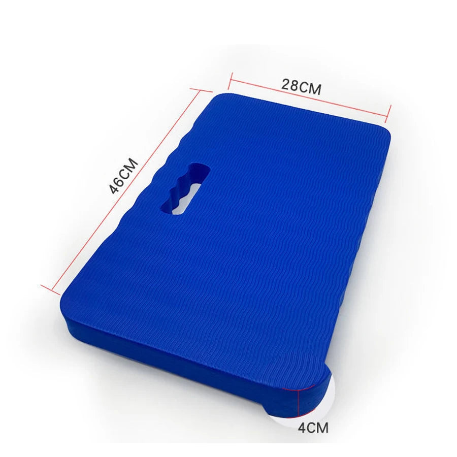 A blue high-density foam kneeling pad with a handle, designed as a waterproof, non-slip knee cushion.
