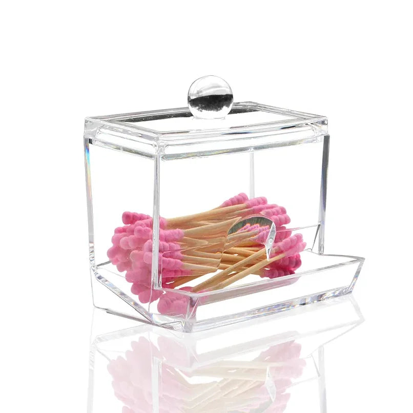 Clear storage dispenser for cotton swabs and pads with a wooden lid