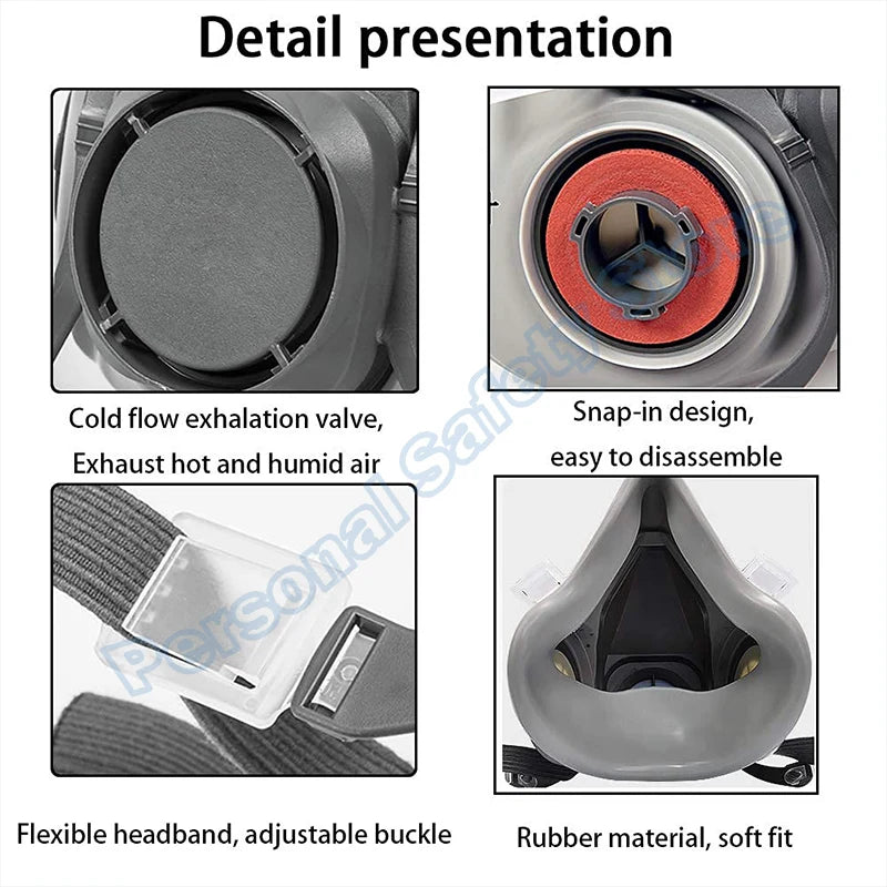 Detail presentation of a half face respirator mask showing various components like the cold flow exhalation valve, snap-in de