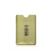 A rectangular, gold-colored aluminum card holder with RFID protection markings.