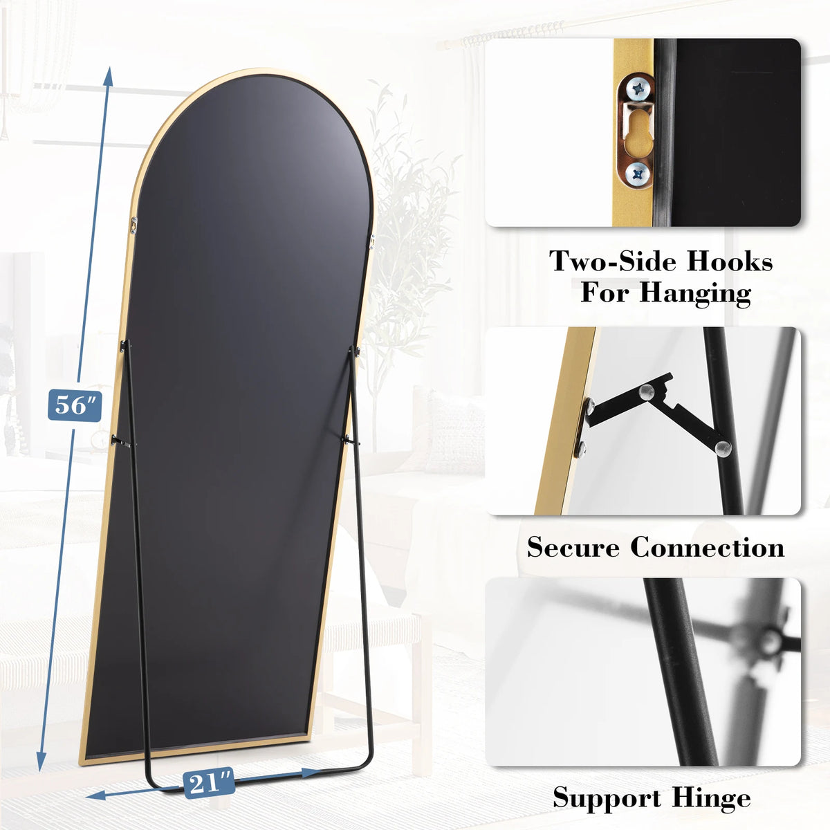 Full length black mirror with a gold frame showing two-side hooks and support hinge details.