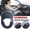 A black steering wheel booster is shown with close-ups of its design and installation.