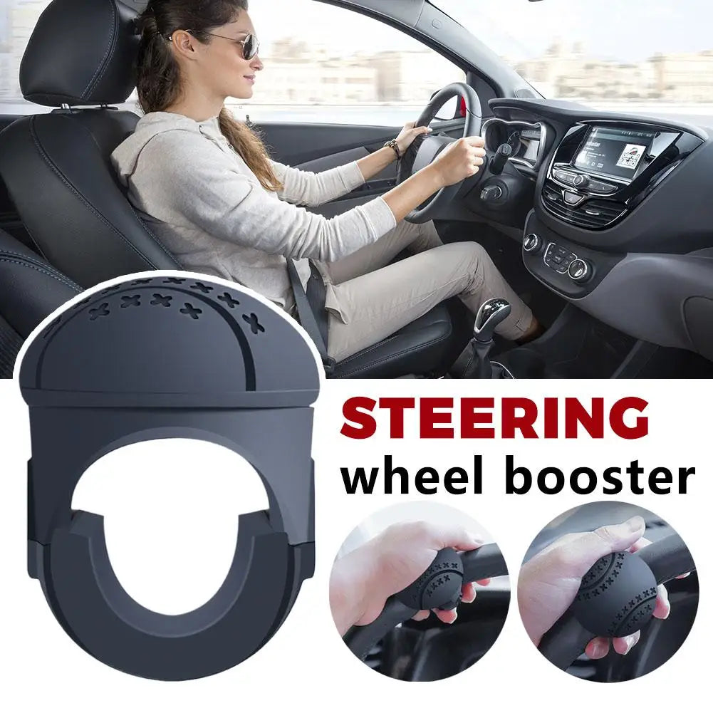 A black steering wheel booster is shown with close-ups of its design and installation.