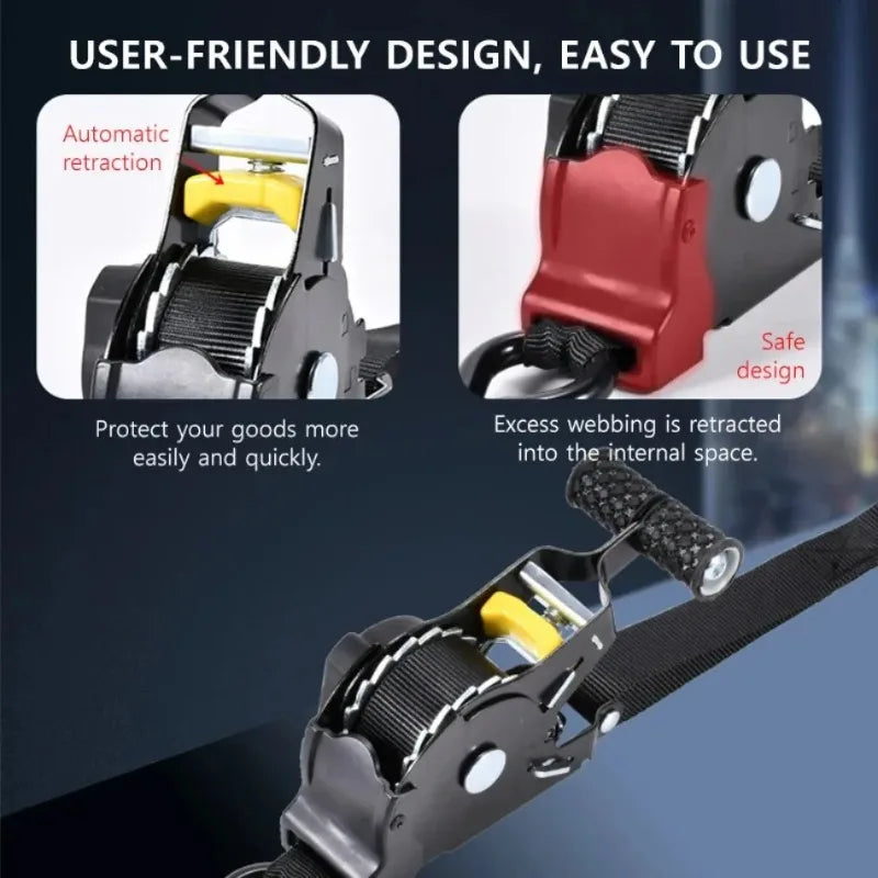 Close-up view of a heavy duty retractable ratchet tie-down strap with a safe design and automatic retraction feature.