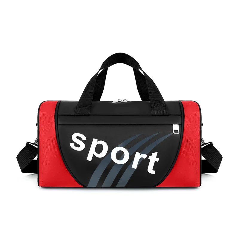 A red and black duffel bag with a black handle and strap, featuring the word Sport in white text.