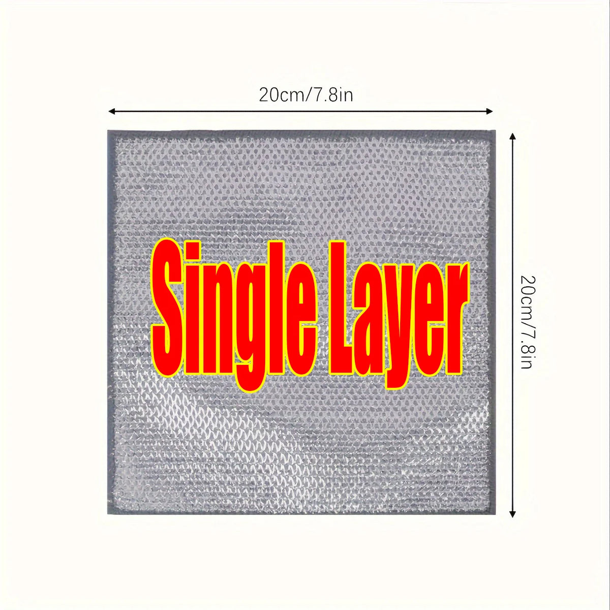 A rectangular gray cleaning cloth labeled Single Layer, measuring 20cm/7.8in.