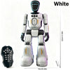 A white interactive gesture-control robot with an attached controller is shown standing upright.