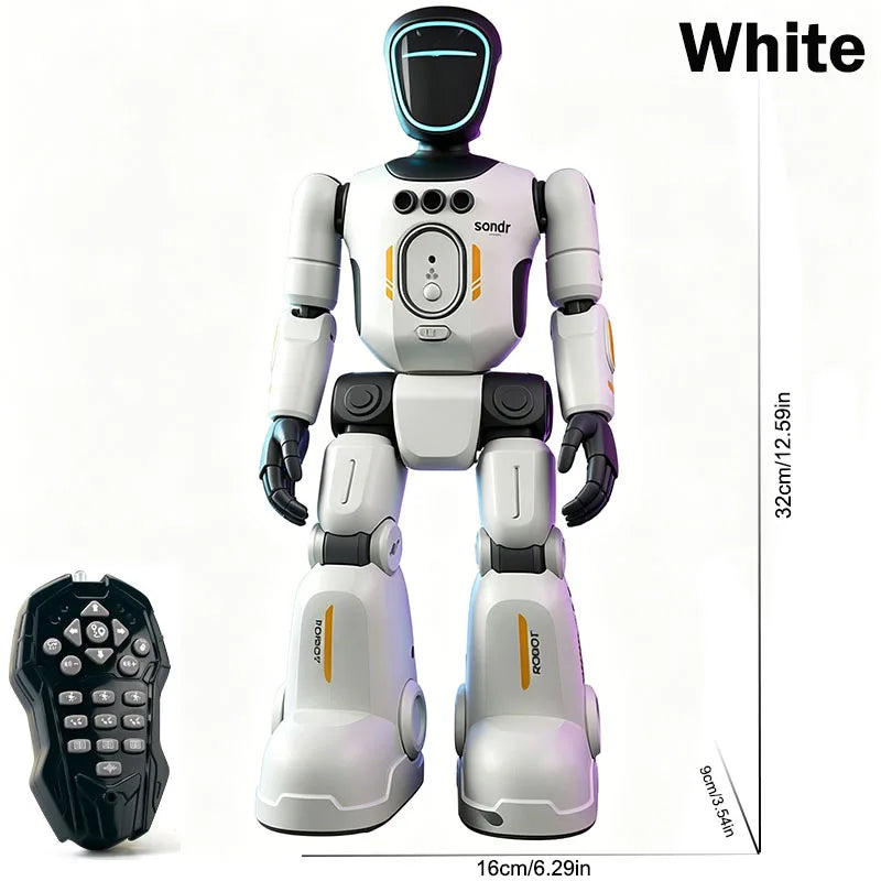 A white interactive gesture-control robot with an attached controller is shown standing upright.