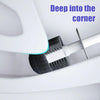 A toilet brush and plunger set with a holder is shown being used inside a toilet bowl.