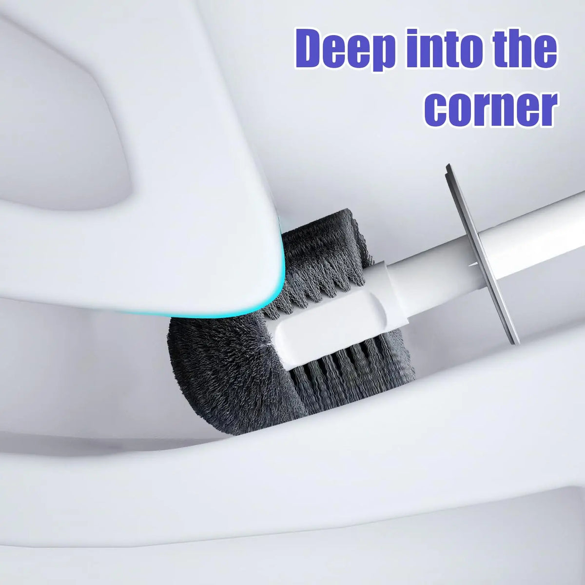 A toilet brush and plunger set with a holder is shown being used inside a toilet bowl.