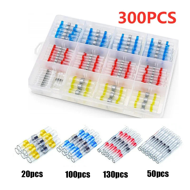 A plastic storage box containing various quantities of waterproof heat shrink solder wire connectors with tin-coated copper t