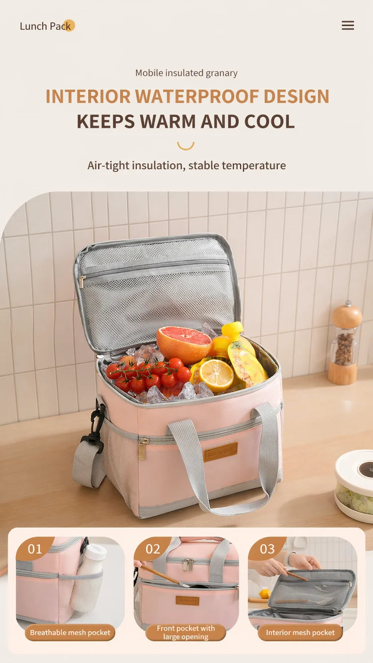 Pink insulated lunch bag with mesh pockets shown open, featuring breathable and interior storage options.