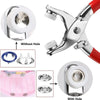 Metal snap button kit with pliers shown with and without a hole for DIY sewing projects