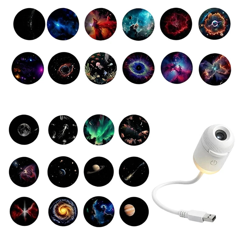 A collection of miniature galaxy star projectors and night lights showing various colorful celestial scenes.