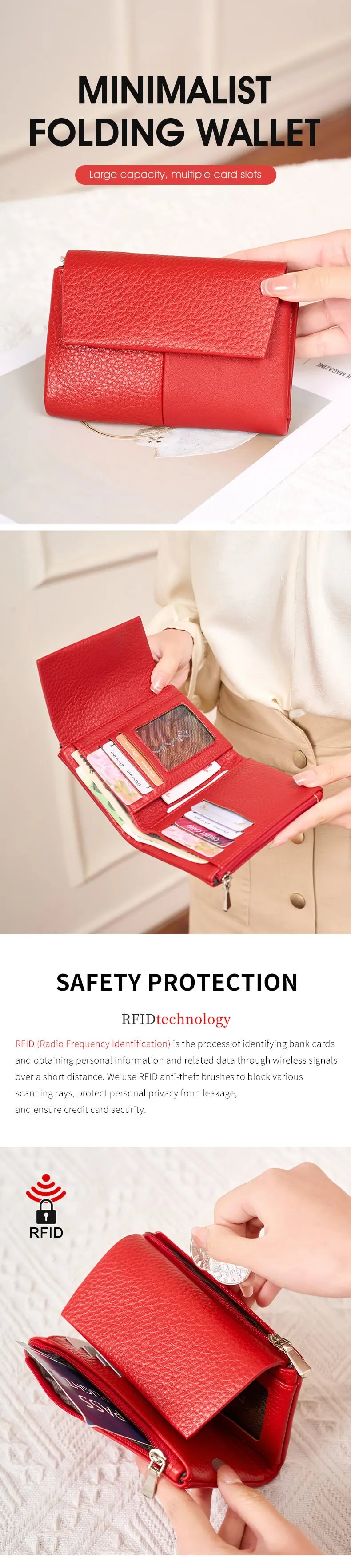 A red minimalist folding wallet shown being held by a hand, highlighting its RFID protection features.