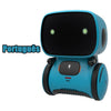 A teal robot toy with a black head and body, featuring a Portuguese language label.