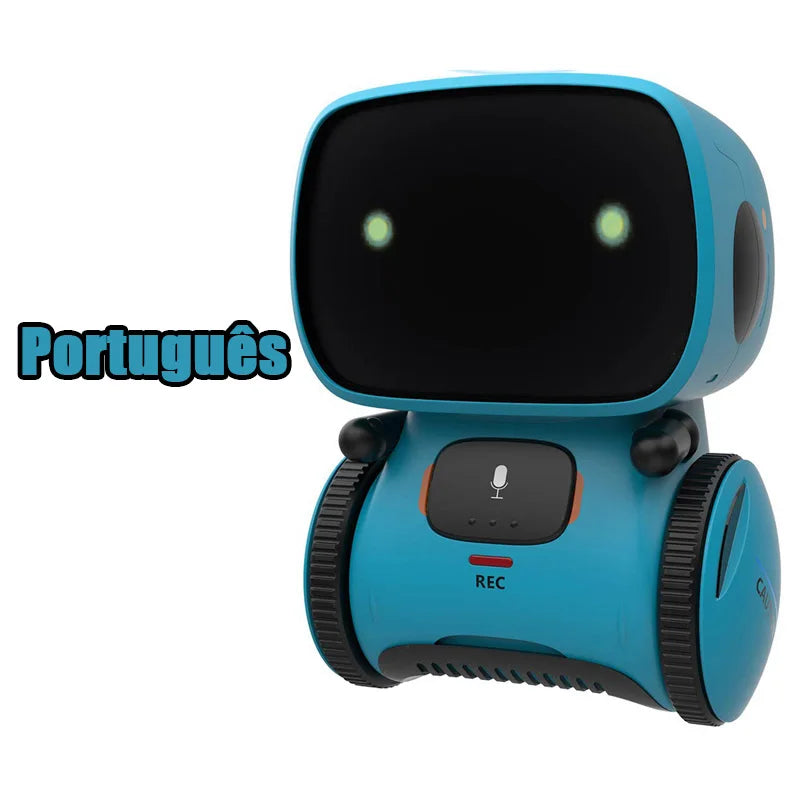 A teal robot toy with a black head and body, featuring a Portuguese language label.
