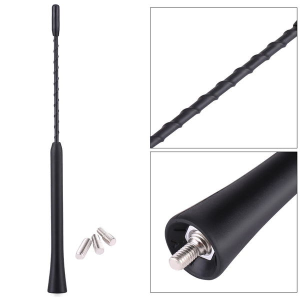 Black universal 9-inch car radio antenna with threaded mounting and replacement parts