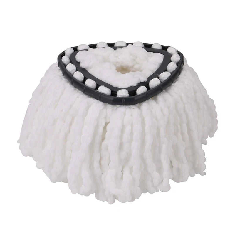 White microfiber replacement mop pads with black trim and a heart shape for spin mops.