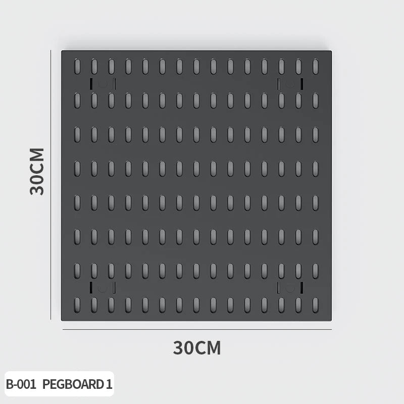 A gray pegboard organizer board measuring 30cm by 30cm with numerous holes for pegs and hooks.