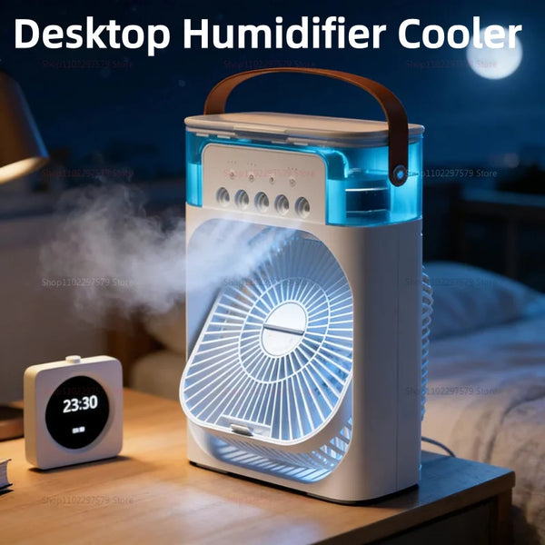Weißer Desktop-Luftbefeuchter mit Ventilator und LED-Licht auf Holzoberfläche.