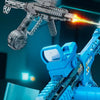 A close-up of a blue electric water gun with a bright muzzle flame effect, shown in an action pose.
