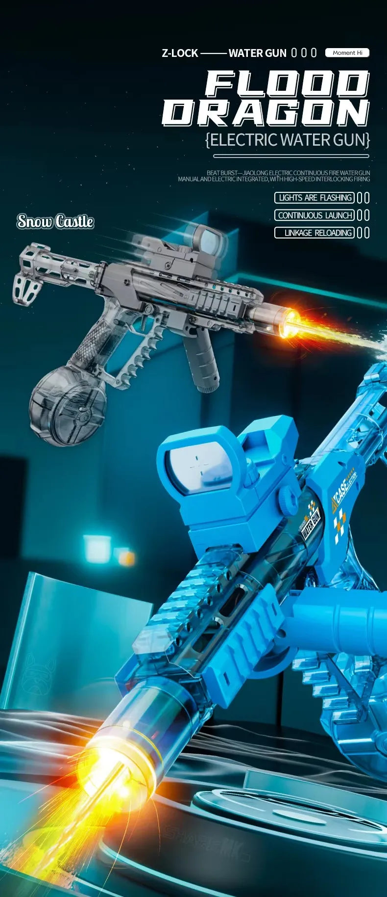 A close-up of a blue electric water gun with a bright muzzle flame effect, shown in an action pose.