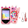 A pink kids smart phone toy with dual cameras and learning features, accompanied by a pink lanyard.