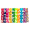 A set of 100 transparent acrylic D6 dice in various bright colors arranged in a row.