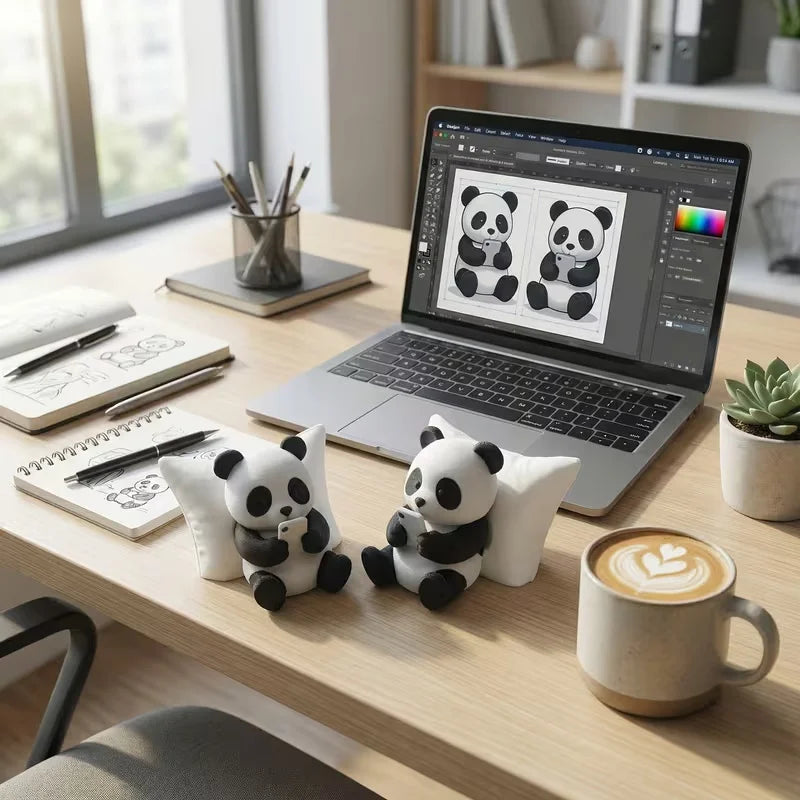 A laptop displaying a panda design is surrounded by playful panda figurines and a coffee cup on a wooden desk.