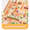 A magnetic maze logic puzzle board showing a transport checkpoint route with various colored and shaped pieces.