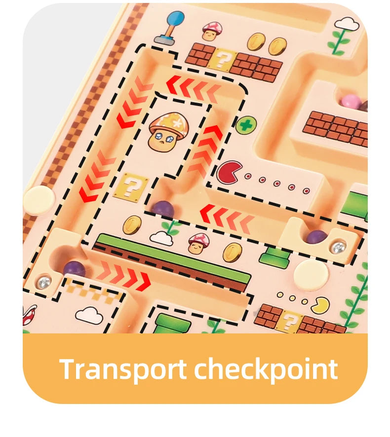 A magnetic maze logic puzzle board showing a transport checkpoint route with various colored and shaped pieces.