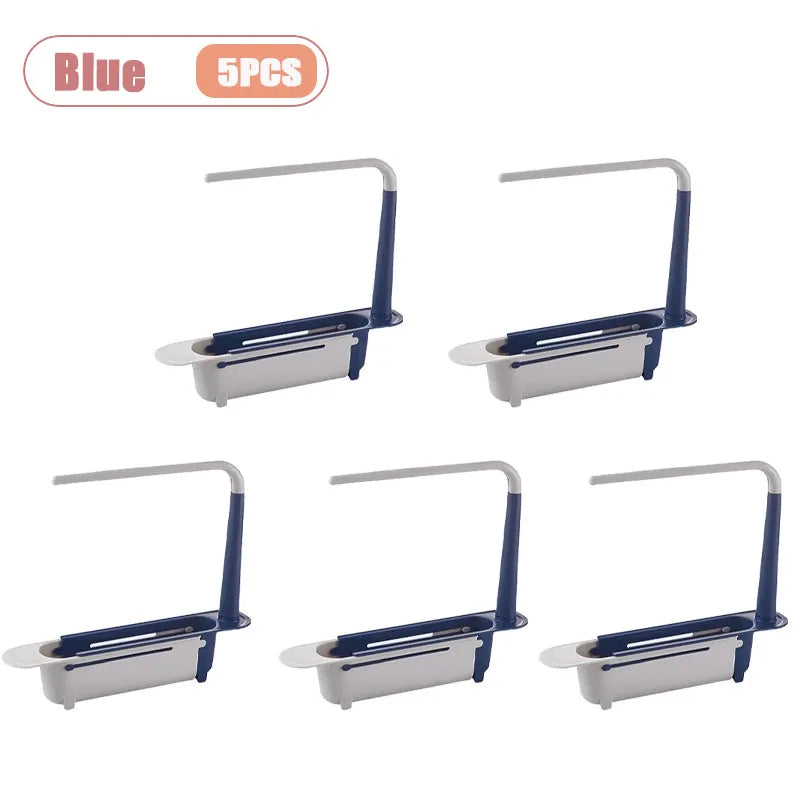 Blue adjustable over-sink dish drying rack with 5 pieces for kitchen organization