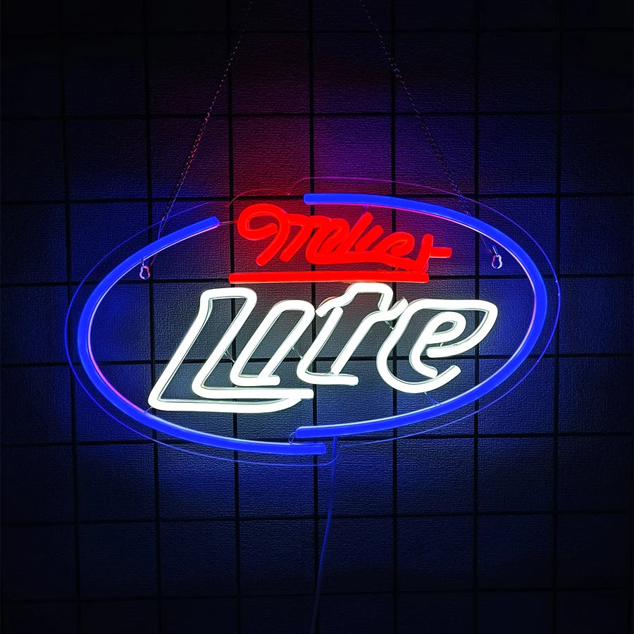 Blue and red neon sign spelling out Lute with a stylized outline against a dark background.