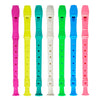 A set of six pink, yellow, teal, white, green, and blue 8-hole soprano recorders with cleaning rods.