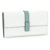 A white women's cowhide leather bi-fold wallet with a light blue strap and card slots.