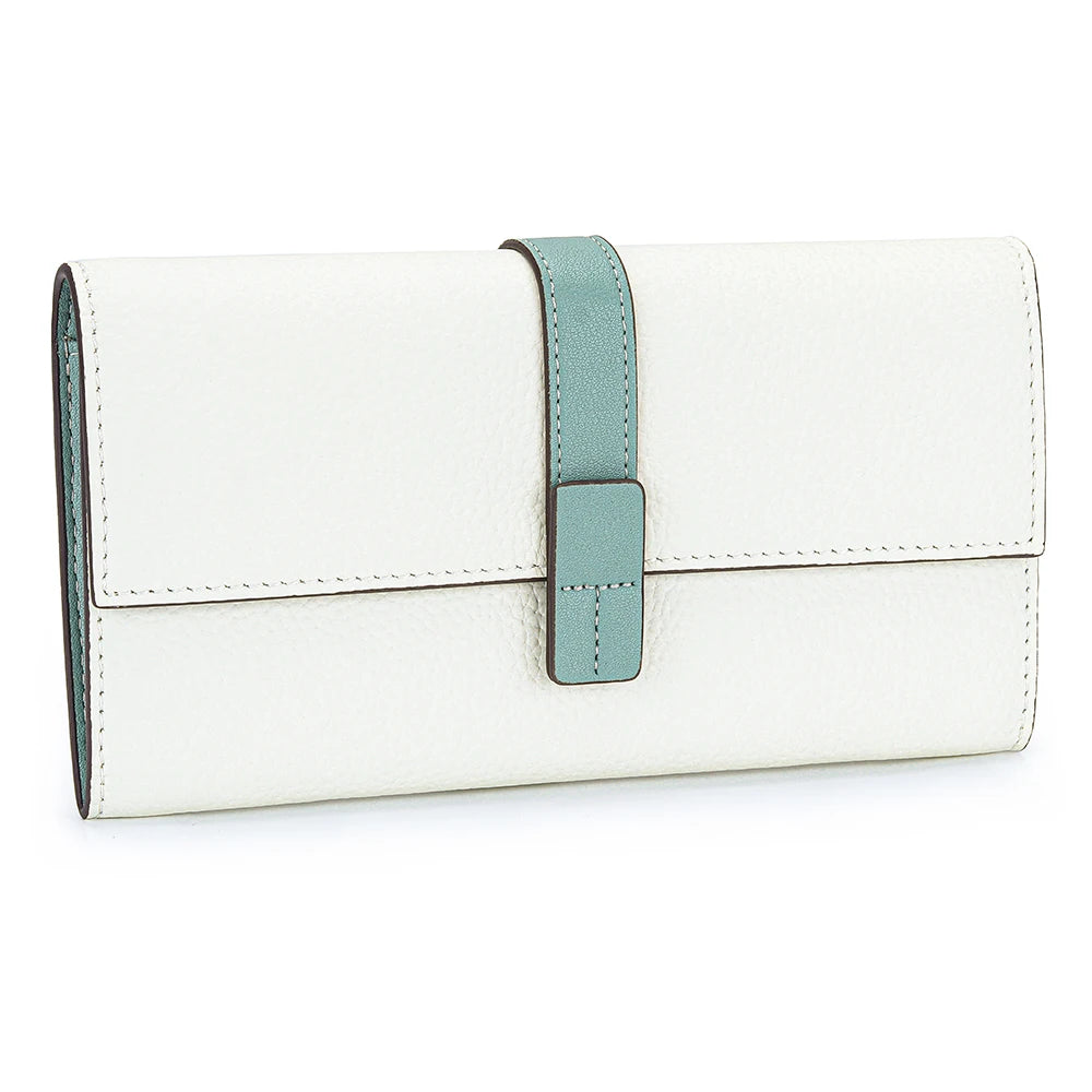 A white women's cowhide leather bi-fold wallet with a light blue strap and card slots.