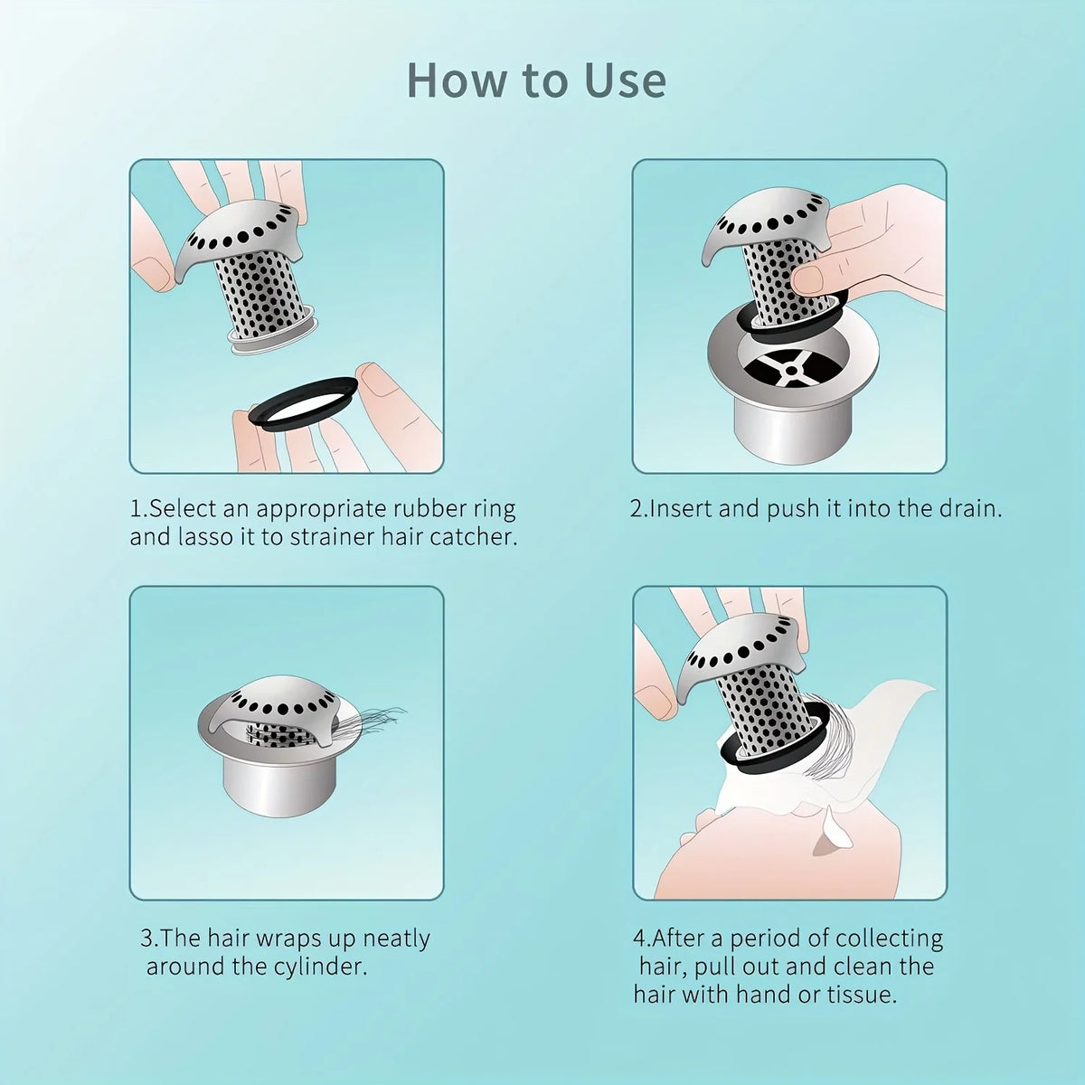Instructions for using a stainless steel bathtub drain with a rubber ring and hair catcher