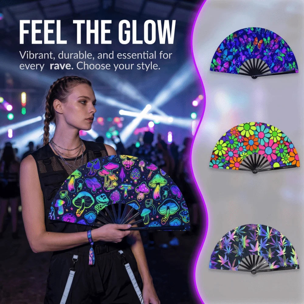 Holographic Folding Hand Fan with UV Glow Effect