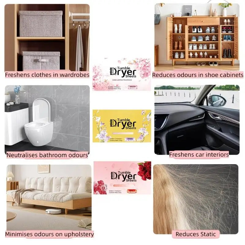 A collection of dryer sheets and related products demonstrating their benefits for clothes, shoes, car interiors, and upholst