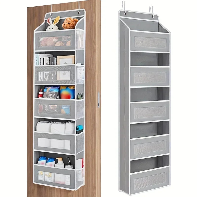 A tall, gray over-the-door hanging storage organizer with multiple compartments for organizing items.