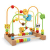 A wooden bead maze toy with colorful beads and arches for toddlers.