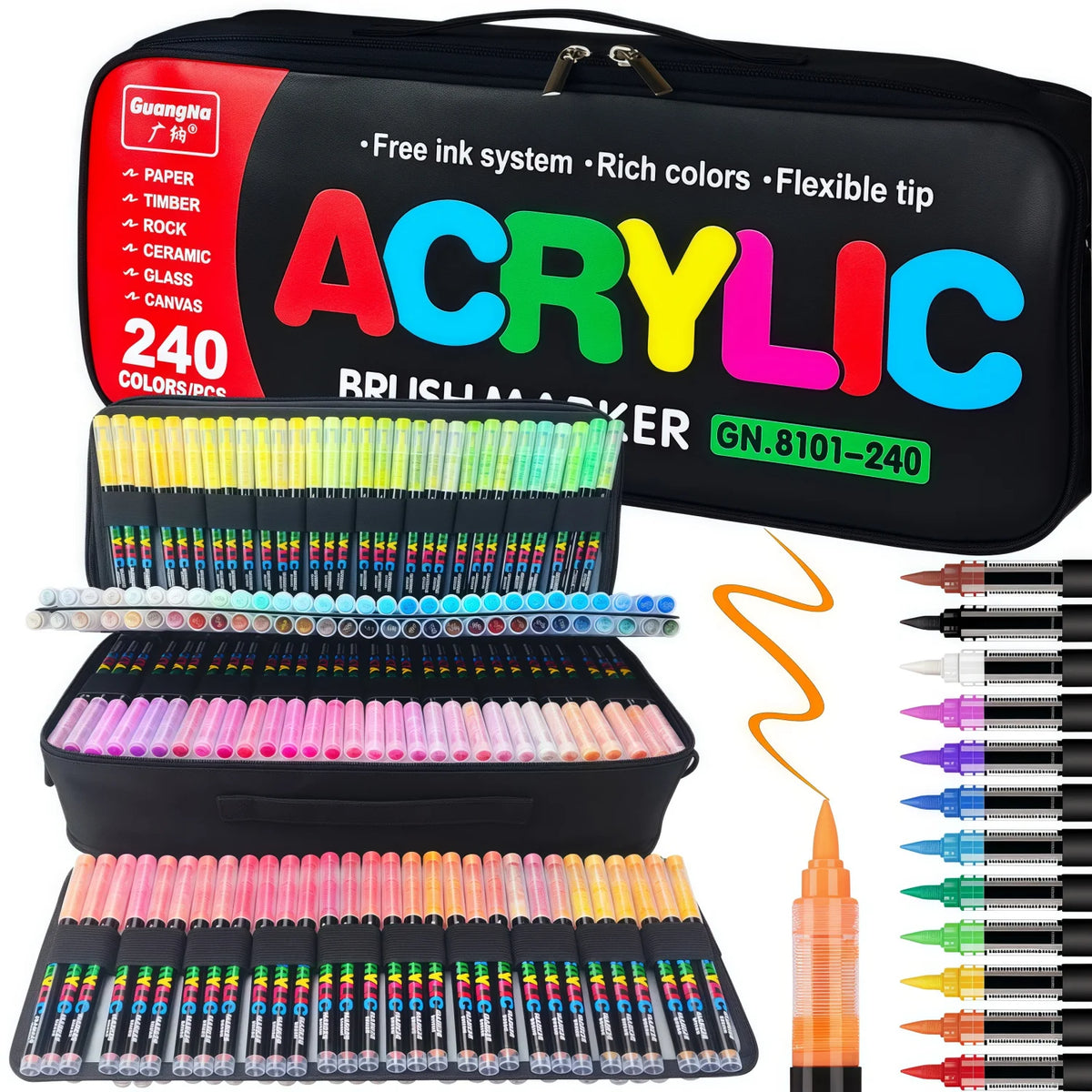 Ein Set von 240 Acryl-Malerkugeln in verschiedenen Farben, präsentiert in einer schwarzen Transportbox und in Reihen angeordn