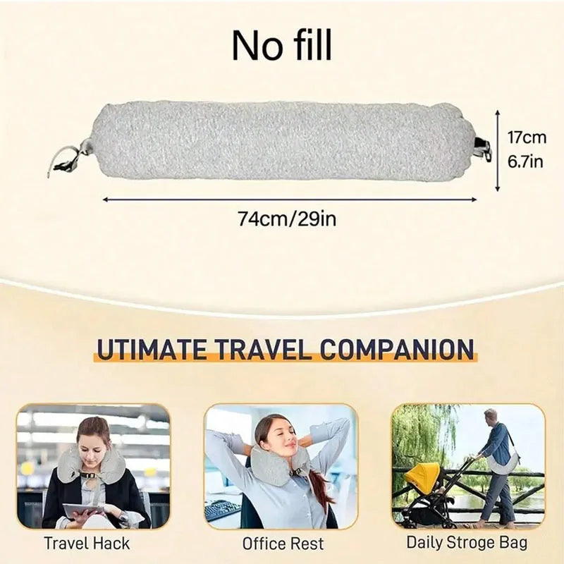 A gray fillable hooded travel pillow with a storage bag shown alongside travel hack and daily storage bag examples.
