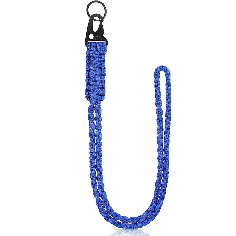 Blue heavy-duty paracord neck lanyard with a metal clip and key ring