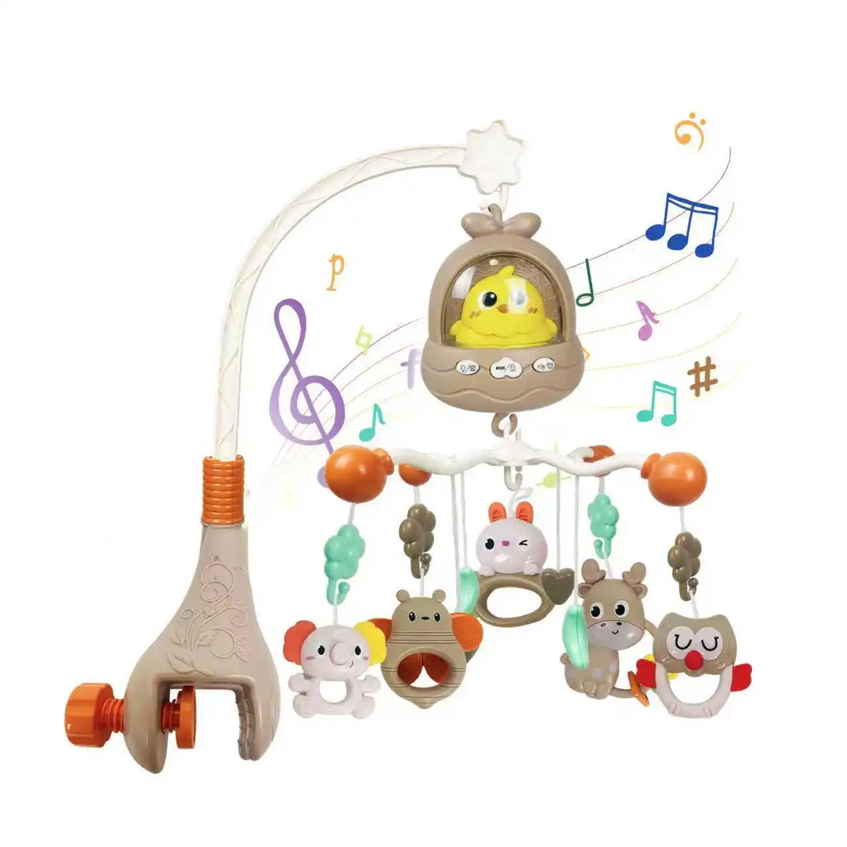 A musical baby crib mobile with a night light projector and soothing sounds featuring various animal figures.