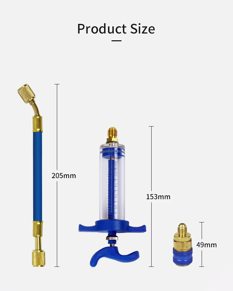 A set of 1 oz air conditioning oil and dye injector components including a syringe, coupler, and fittings.