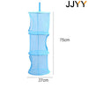 A blue 3-tier mesh hanging storage organizer with a blue hanging rod, measuring 75cm high and 27cm wide.