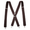 A pair of dark brown suspenders with metal clips shown against a white background.